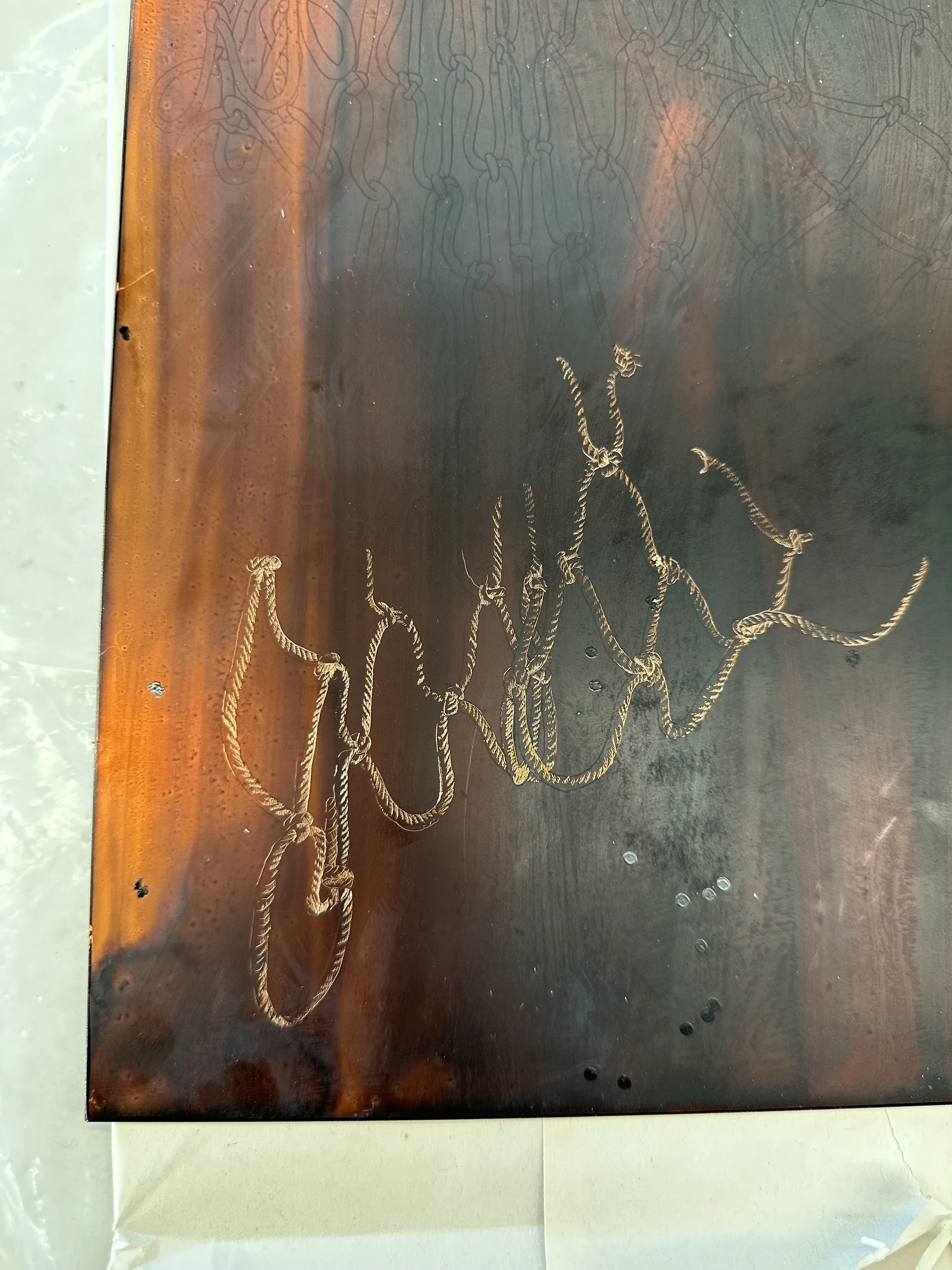 "Nets Series" Drawing by Paloma Barhaugh-Bordas, Assisted etching and printing by Ella Cote, 2024 copper plate