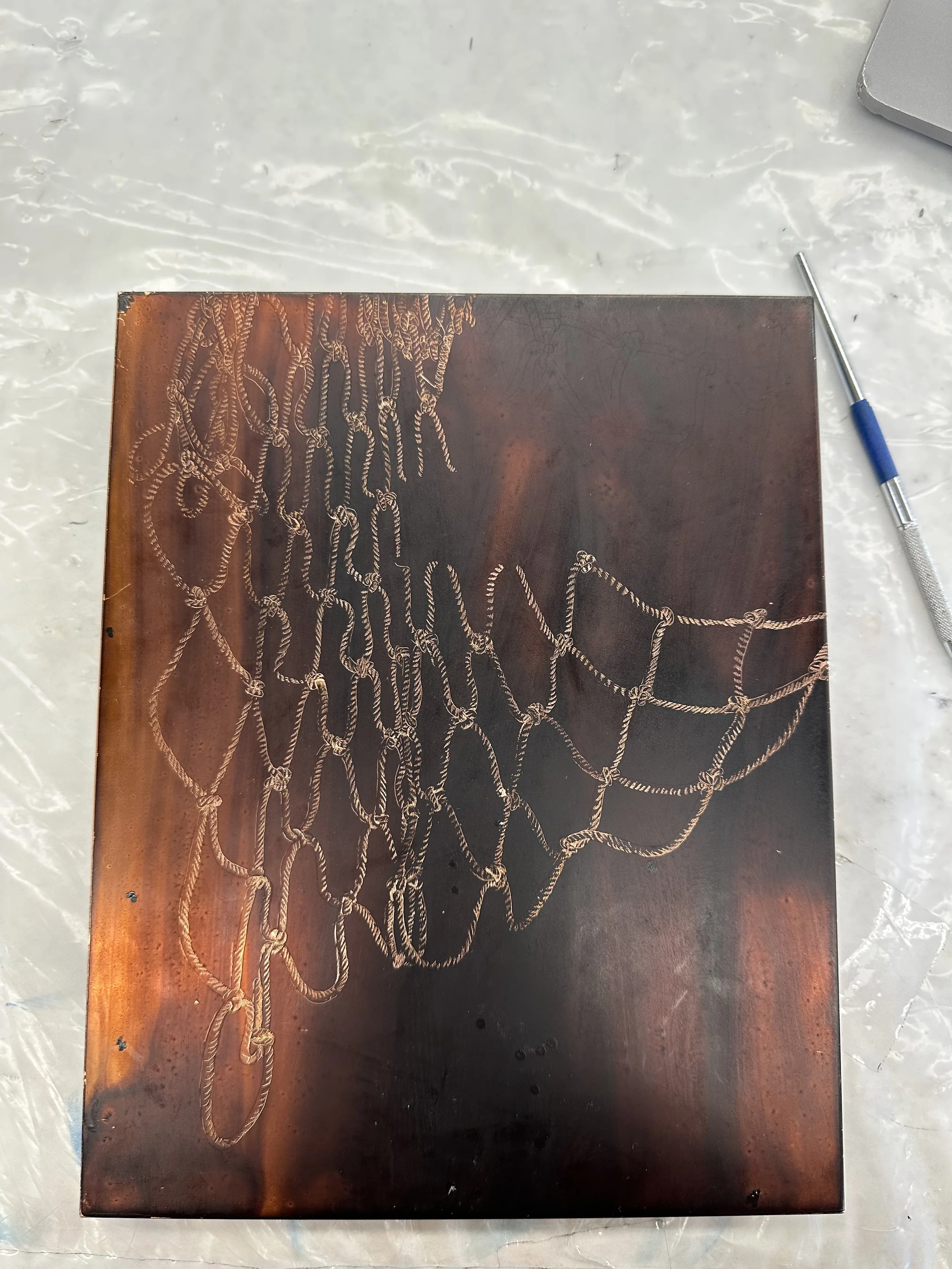 "Nets Series" Drawing by Paloma Barhaugh-Bordas, Assisted etching and printing by Ella Cote, 2024 on copper plate