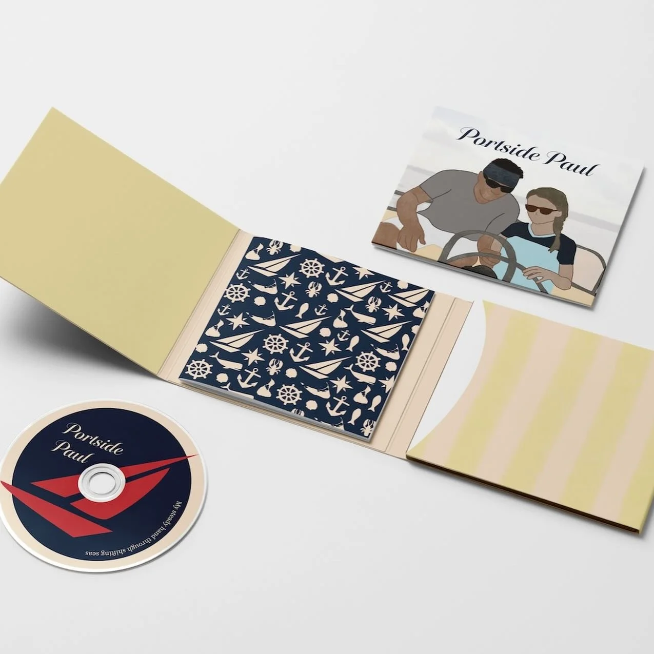 Here is Portside Paul! ⛵️🦞
I designed this cd digipack in package design with the inspiration of a dad and daughter yacht rock theme album. Growing up sailing and being around this kind of music, I dedicated this to my dad and his love for this kind