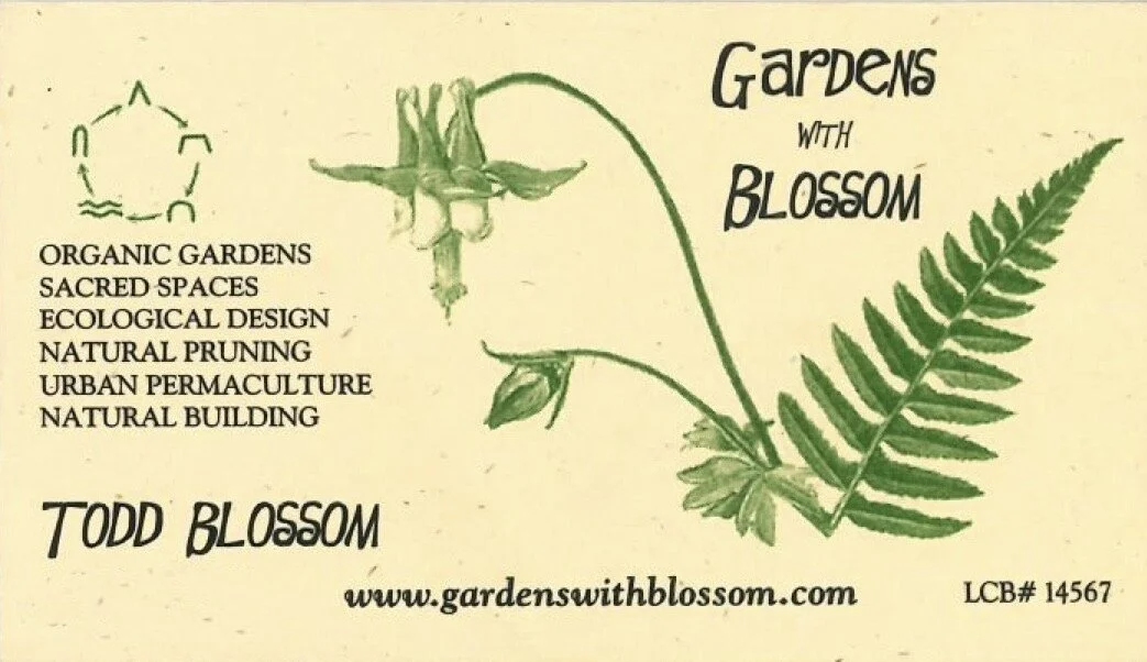 Gardens with Blossom business card for organic gardening in Portland, Oregon. Image of fern and columbine.