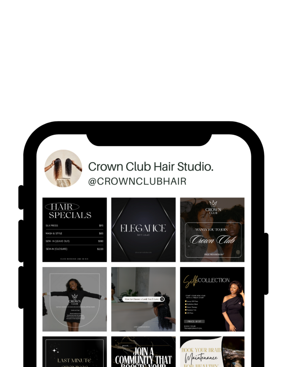 A digital collage for a hair salon and club includes price listings for hair services, promotional posters for elegance and a crown club, and photos of women with various hairstyles showcasing hair products and styling options.