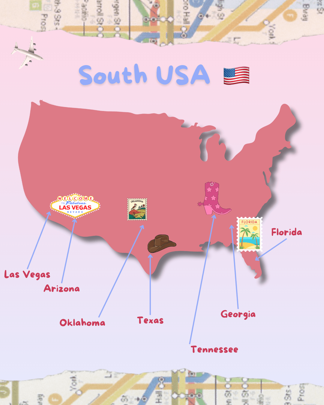 Map of the southern United States with illustrations and labels for states including Nevada, Oklahoma, Texas, Tennessee, Georgia, and Florida, featuring icons like a cowboy hat, a pink boot, and a stamp, with the caption 'South USA' and a small American flag.
