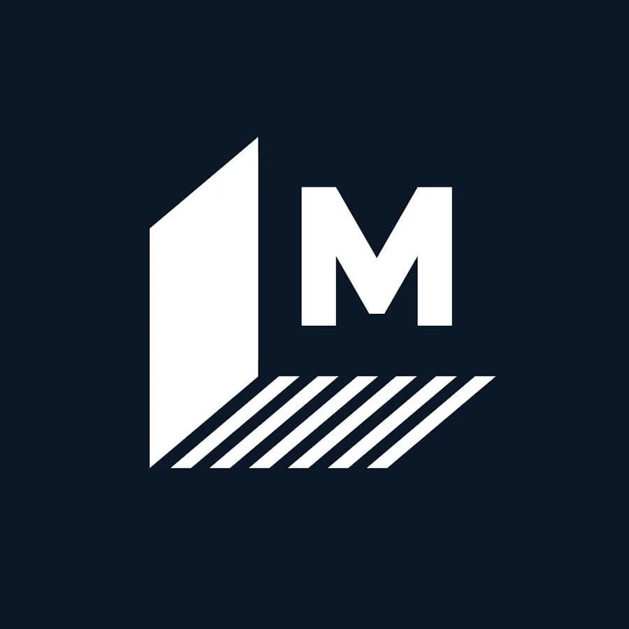 Logo with a stylized letter M and diagonal stripes on a dark background.