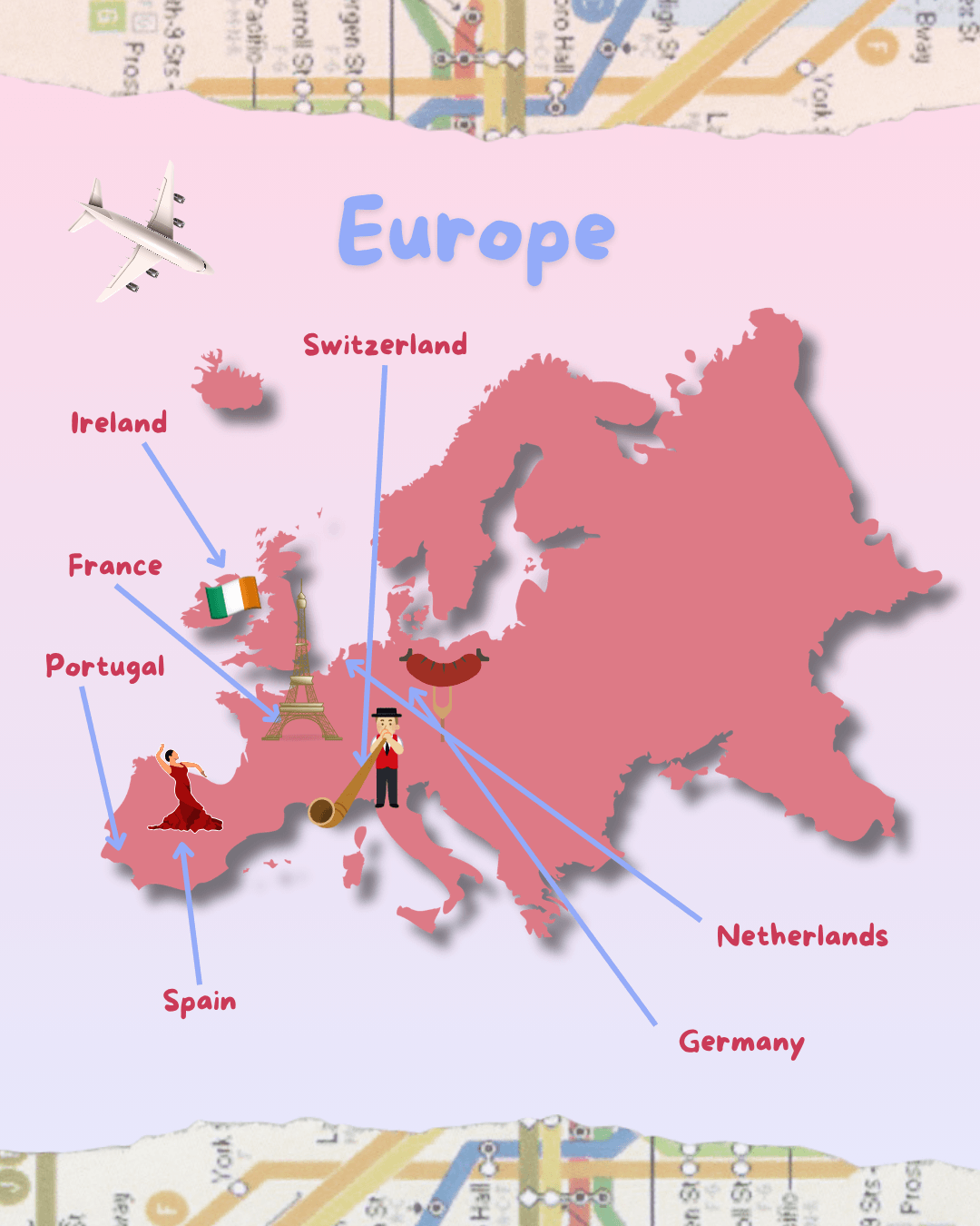 Map of Europe with illustrations representing different countries, including the Eiffel Tower for France, a girl flamenco dancer for Spain, a person playing the bagpipe for the United Kingdom, a person with a bowler hat and cane for Germany, windmill for the Netherlands, sausage for Switzerland, and a person with a hat and baguette for Italy. An airplane is flying over the map.