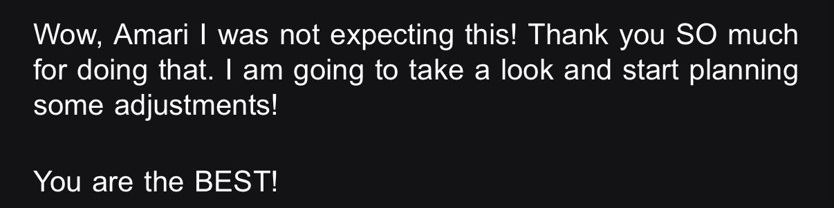 A screenshot of a positive message directed at Amari, expressing gratitude and encouragement to make adjustments and plan ahead.
