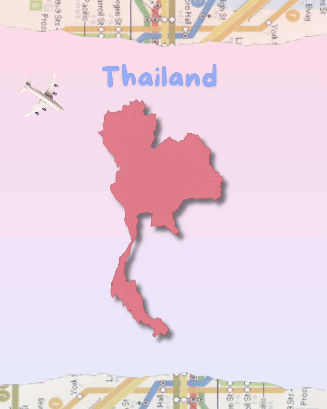 Map of Thailand with the country's outline, written in blue text, with an airplane icon to the side and a background of a street map.