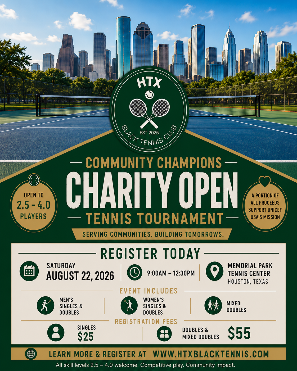 A promotional poster for a charity tennis tournament at Memorial Park Tennis Center in Houston, Texas. The poster features a tennis court with a city skyline background and details about the event, including date, time, location, event categories, registration fees, and the mission to support UNICEF USA.