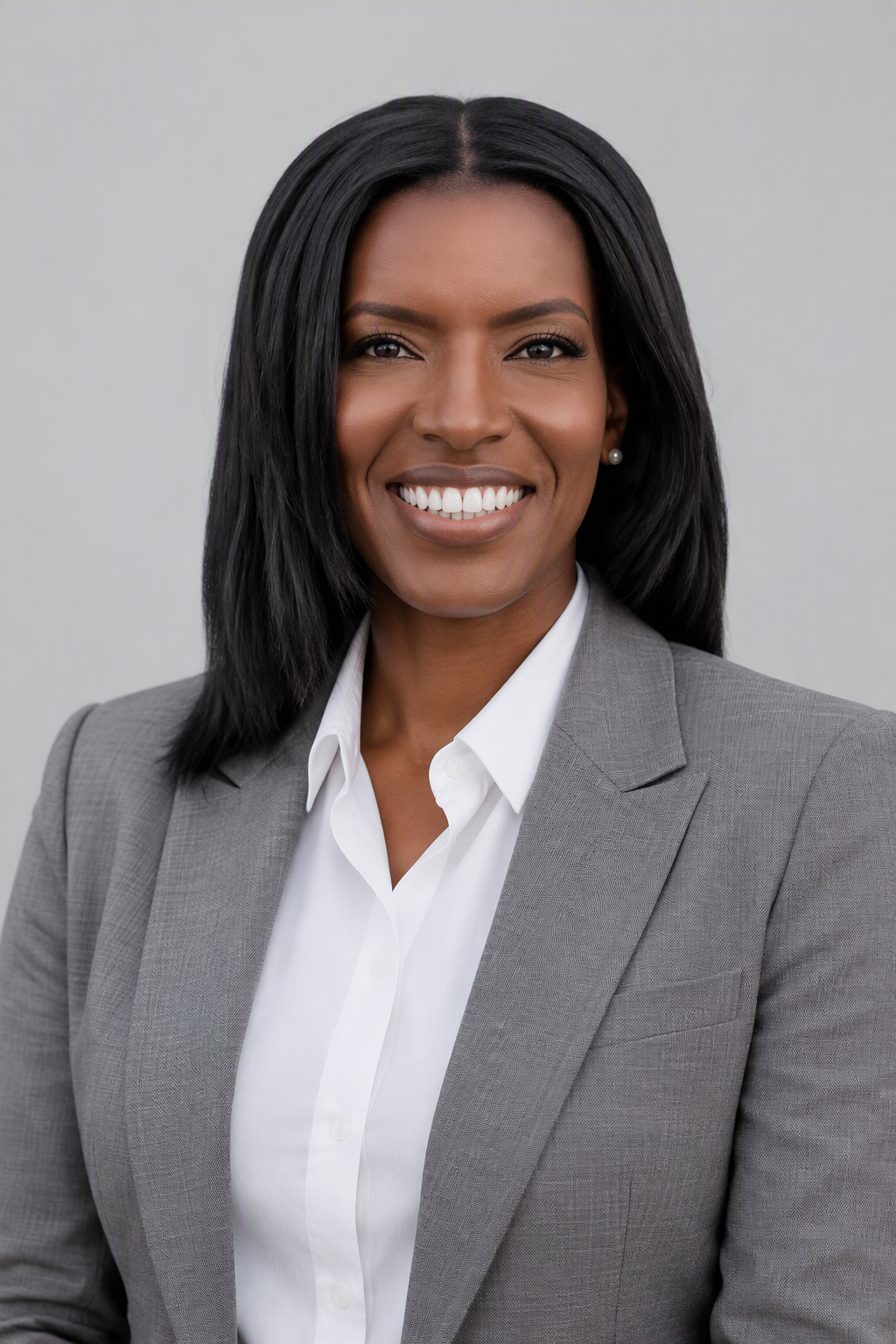 Professional headshot of a middle-aged woman with black hair wearing a light grey suit jacket over a white collared shirt, smiling against a light grey background.