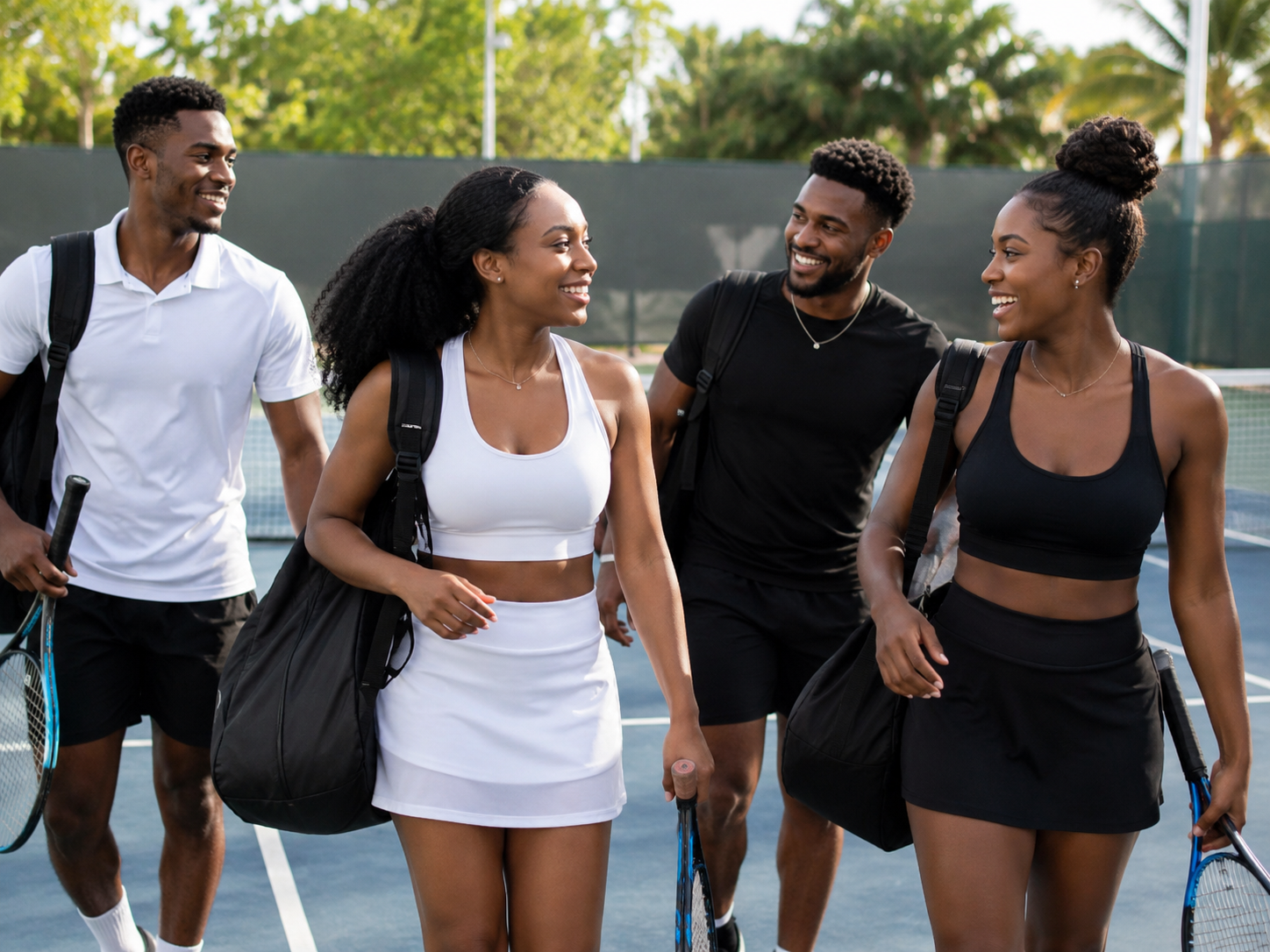 Four friends, two women and two men, walking together on a tennis court, smiling and chatting after a game, carrying tennis rackets and backpacks, with green trees in the background.