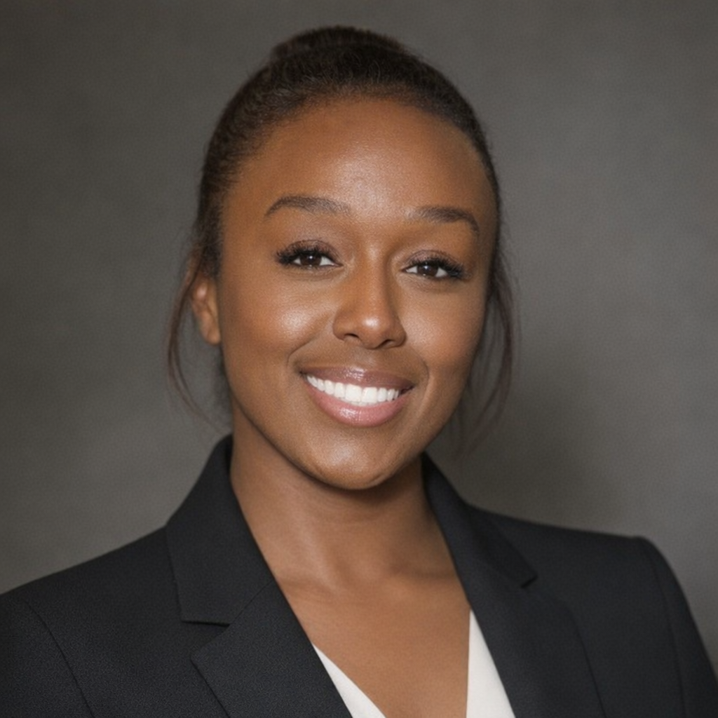 Portrait of a smiling woman with dark hair in a bun, wearing a black blazer and a white top, against a gray background.