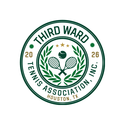 Logo for Third Ward Tennis Association, Houston, Texas, featuring tennis rackets, a tennis ball, and laurel branches.