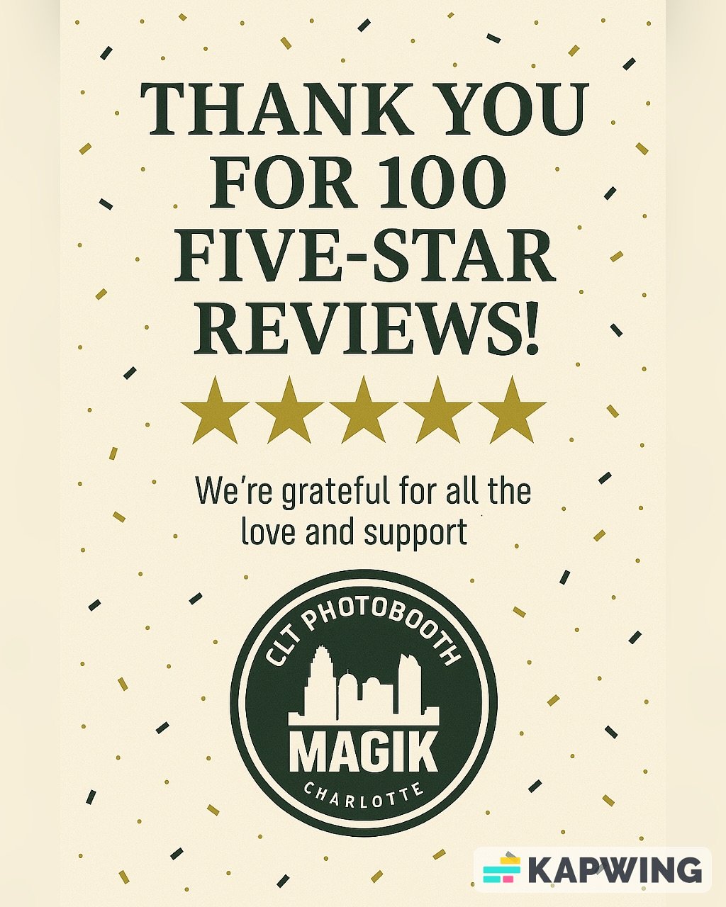 We&rsquo;re so excited to hit 100 five star reviews on Google! ⭐️🥳 Thank you to everyone who who supports us and keeps fueling our business. Here&rsquo;s to many more celebrations together 🥂. 

#cltphotoboothmagik #grateful