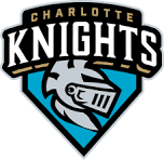 Charlotte Knights logo featuring a knight's helmet and sword in black, gold, and blue colors.