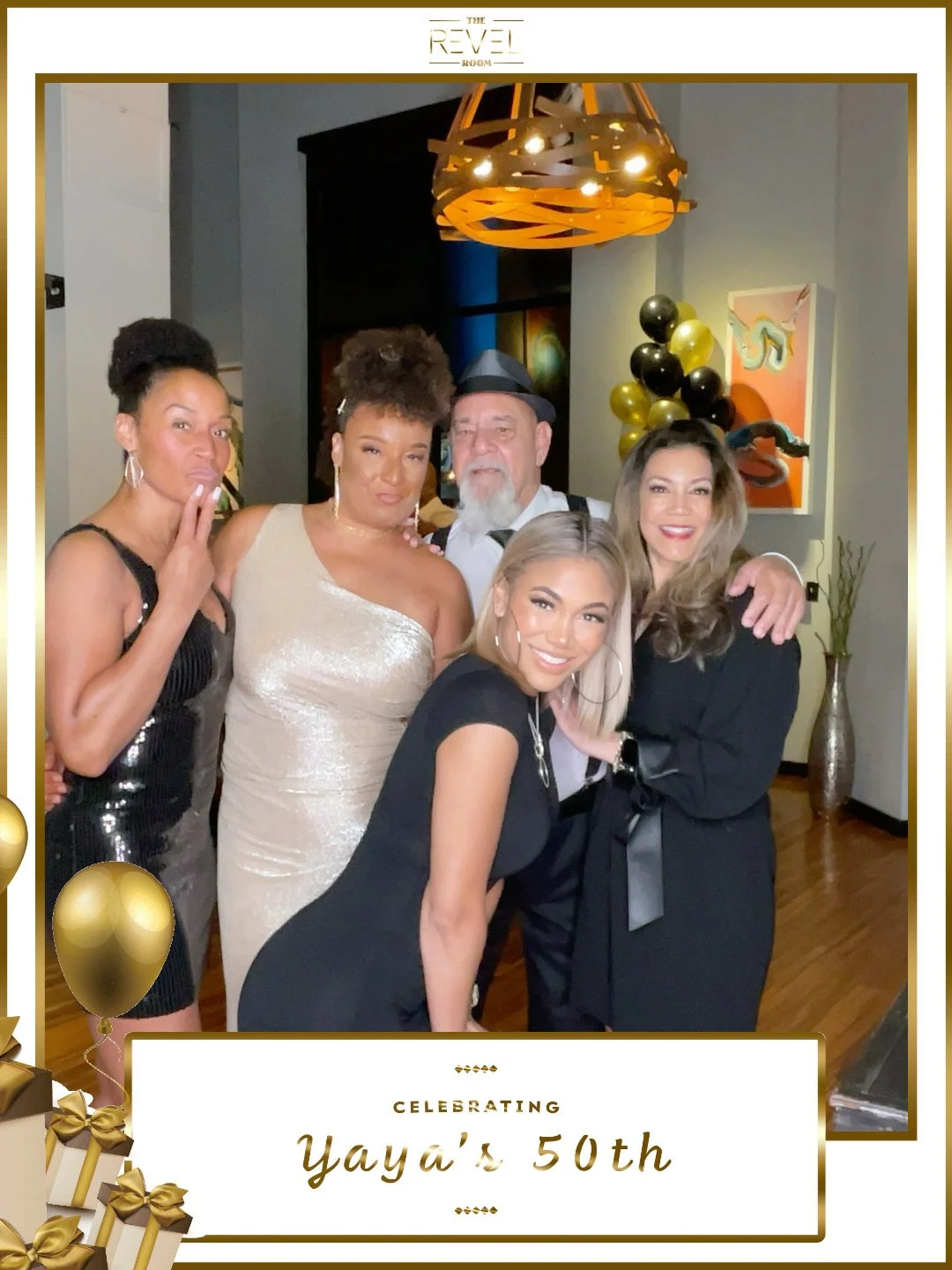 Group of five people posing at Yaya's 50th birthday celebration in The Revel Room. They are taking pictures with CLTPhotoBoothMagik’s Selfie booth