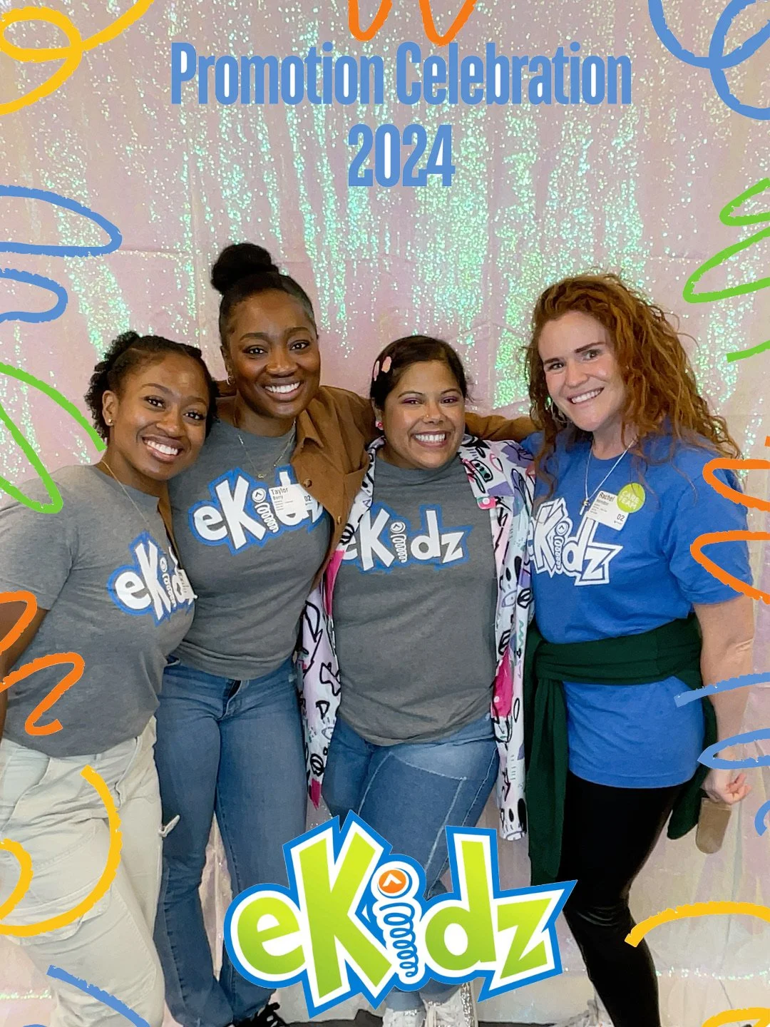 Four smiling guests in eKidz shirts posing in front of CLT Photo Booth Magik’s Iridescent backdrop at Elevation Chruch Charlotte , NC