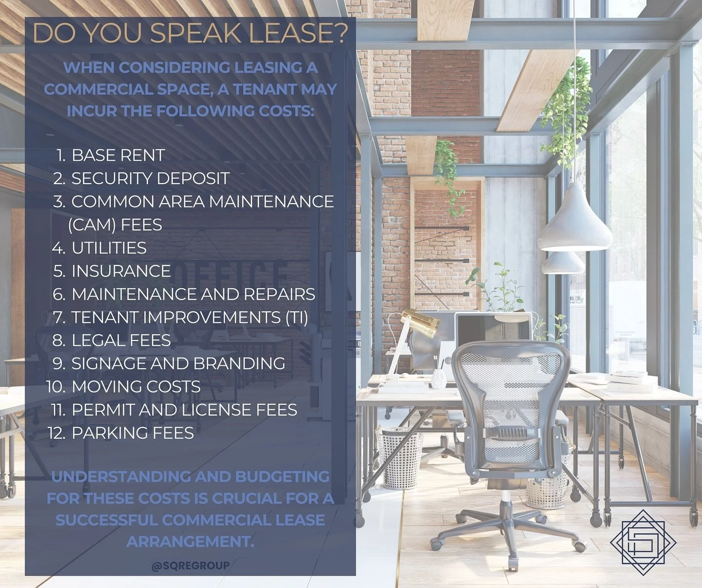 Are you tired of trying to look for your own commercial space? Frustrated with Landlords not returning your calls? Do you speak LEASE? 

Hire SQRE GROUP who specializes in commercial properties to help you find suitable spaces and navigate the leasin