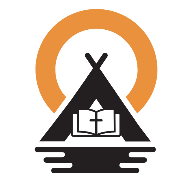 Silhouette of a tent with a book inside, encircled by an orange ring