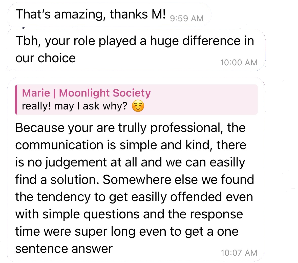 Screenshot eines Chatverlaufs mit Nachrichten in englischer Sprache, unter anderem Anerkennung für professionelle Kommunikation und eine positive Bemerkung.