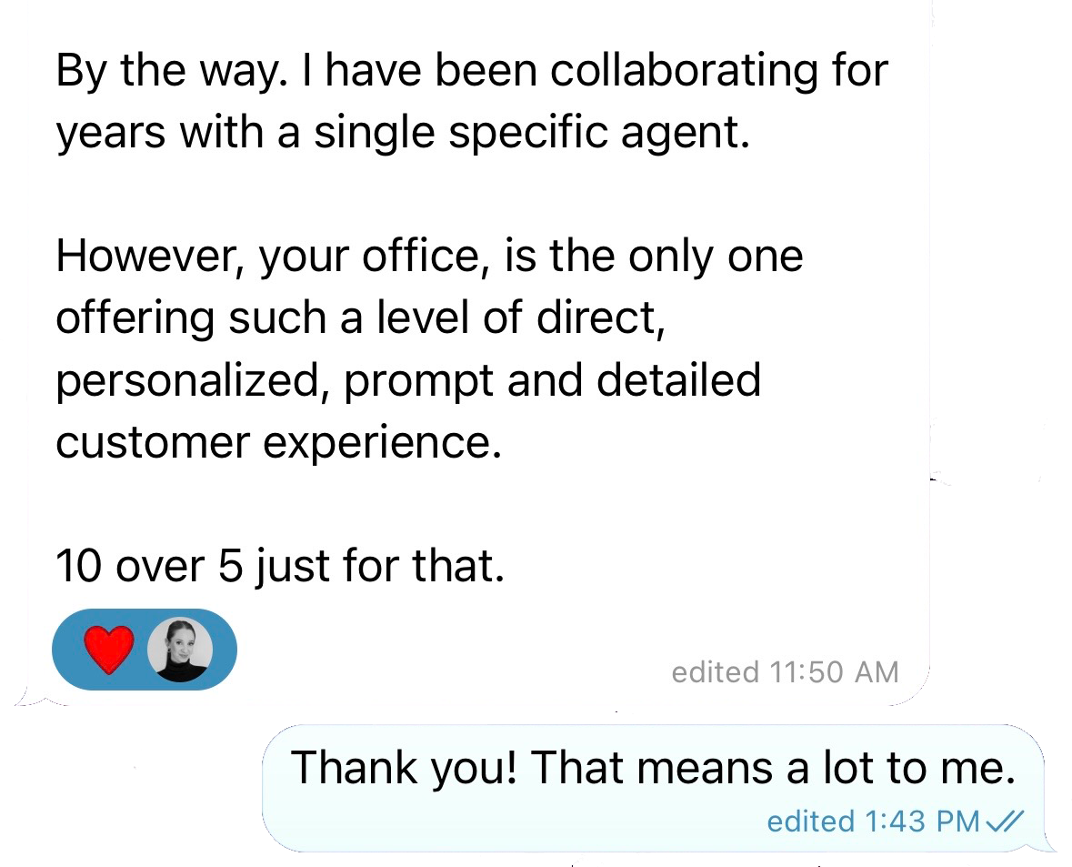 Screenshot eines Textnachrichtenverlaufs auf einem Smartphone. Der erste Chat enthält einen Text über eine lange Zusammenarbeit mit einem bestimmten Agenten, der Office-Angebot ist sehr persönlich und direkt. Der zweite Chat ist eine Dankesnachricht.