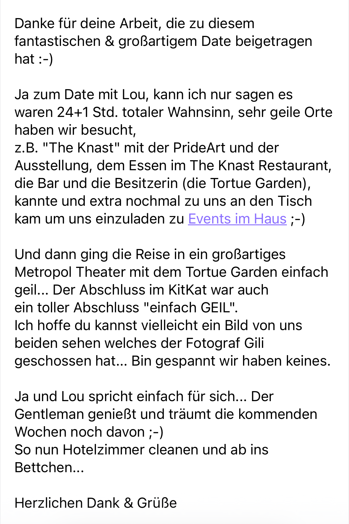 Ein Dankeschreiben für eine gemeinsame Reise und Erlebnisse, inklusive Beschreibungen von Orten, Aktivitäten und einer abschließenden Bitte um Fotos.