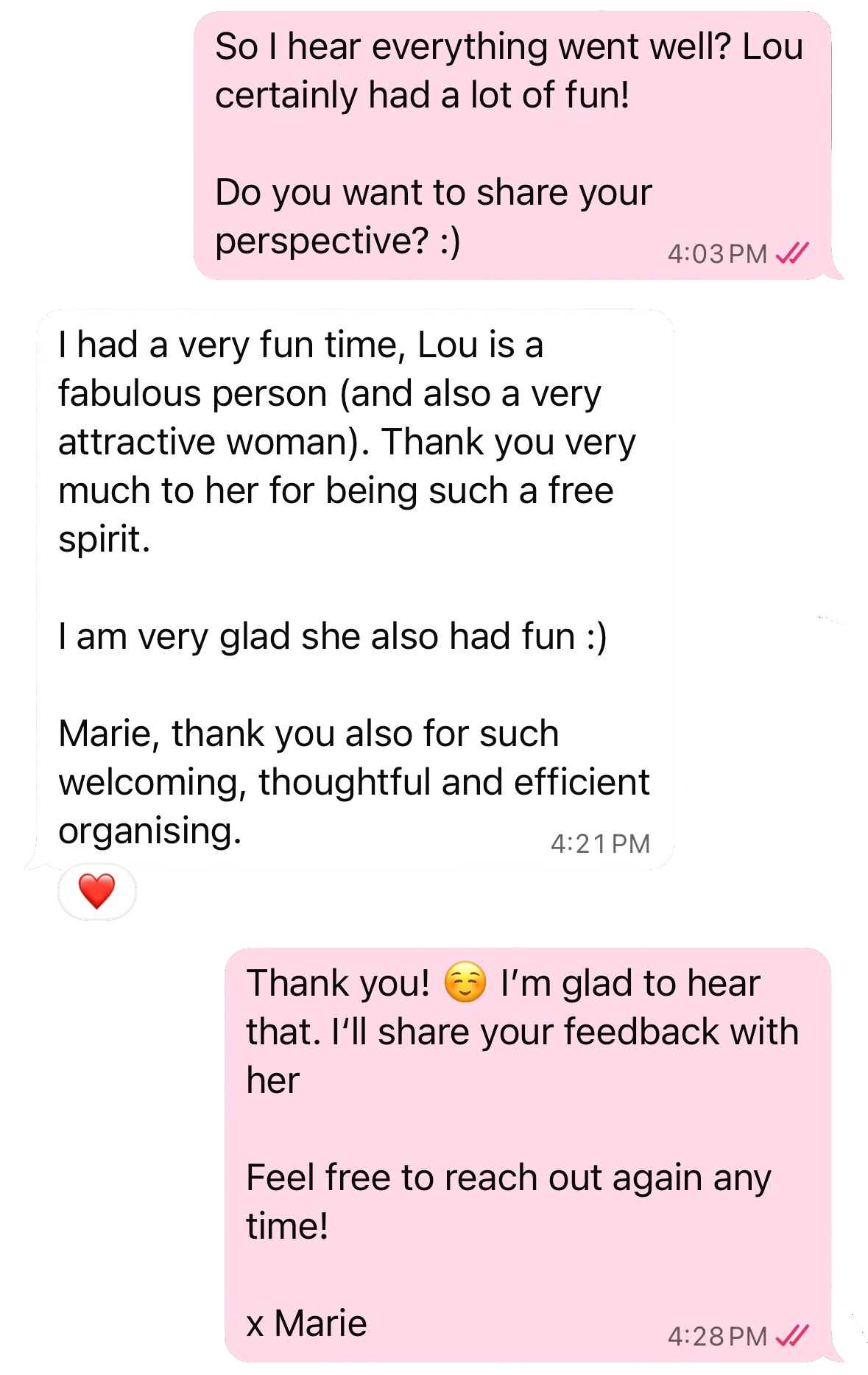 A screenshot of a WhatsApp conversation in German with pink and white chat bubbles. The messages discuss a fun event, appreciation for someone named Lou, and thanking Marie for her organizing efforts. There are timestamps and a red heart emoji.