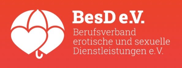 Logo von BesD e.V., Berufsverband erotischer und sexueller Dienstleistungen e.V., mit rotem Hintergrund und einer weißen Herz- und Regenschirm-Ikone.