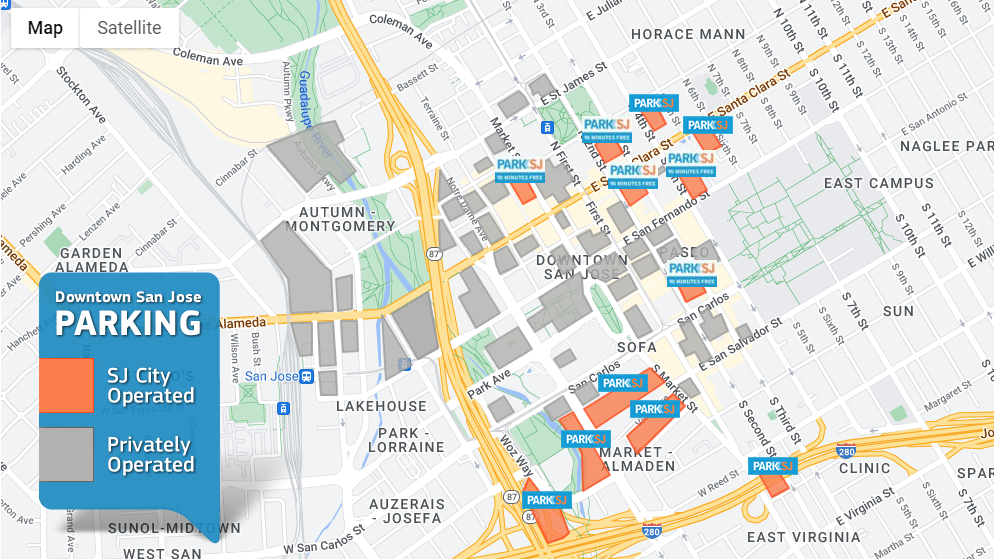 Map of downtown San Jose showing parking locations, with blue markers indicating city-operated parking and orange markers indicating privately operated parking, centered around the downtown area near the transit station.