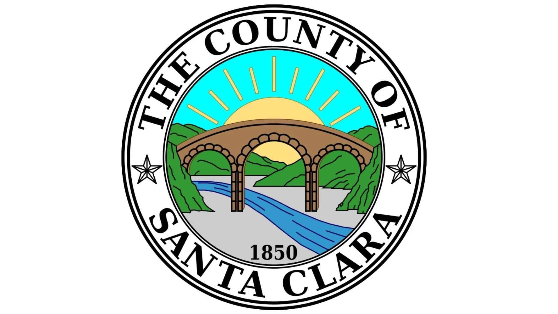 Seal of Santa Clara County featuring a landscape with a sunrise, mountains, a river, and a stone arch bridge, encircled by black text reading "The County of Santa Clara" and the year 1850.