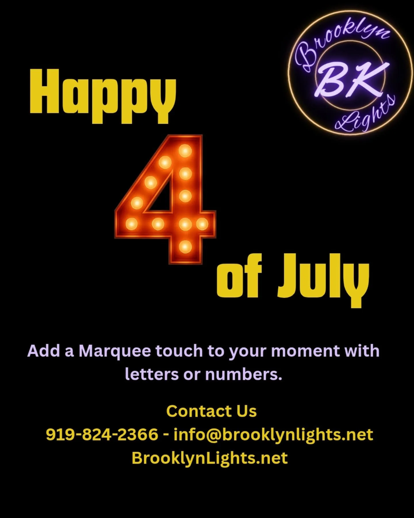 🎆 Happy 4th of July! 
From bold letters to bright lights, we&rsquo;re lighting up Independence Day the Brooklyn Lights way!

✨ Celebrate freedom, family, and unforgettable #MarqueeMoments with custom handcrafted marquee rentals that make every occas