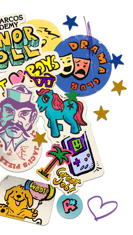 Overlapping 90s-themed stickers