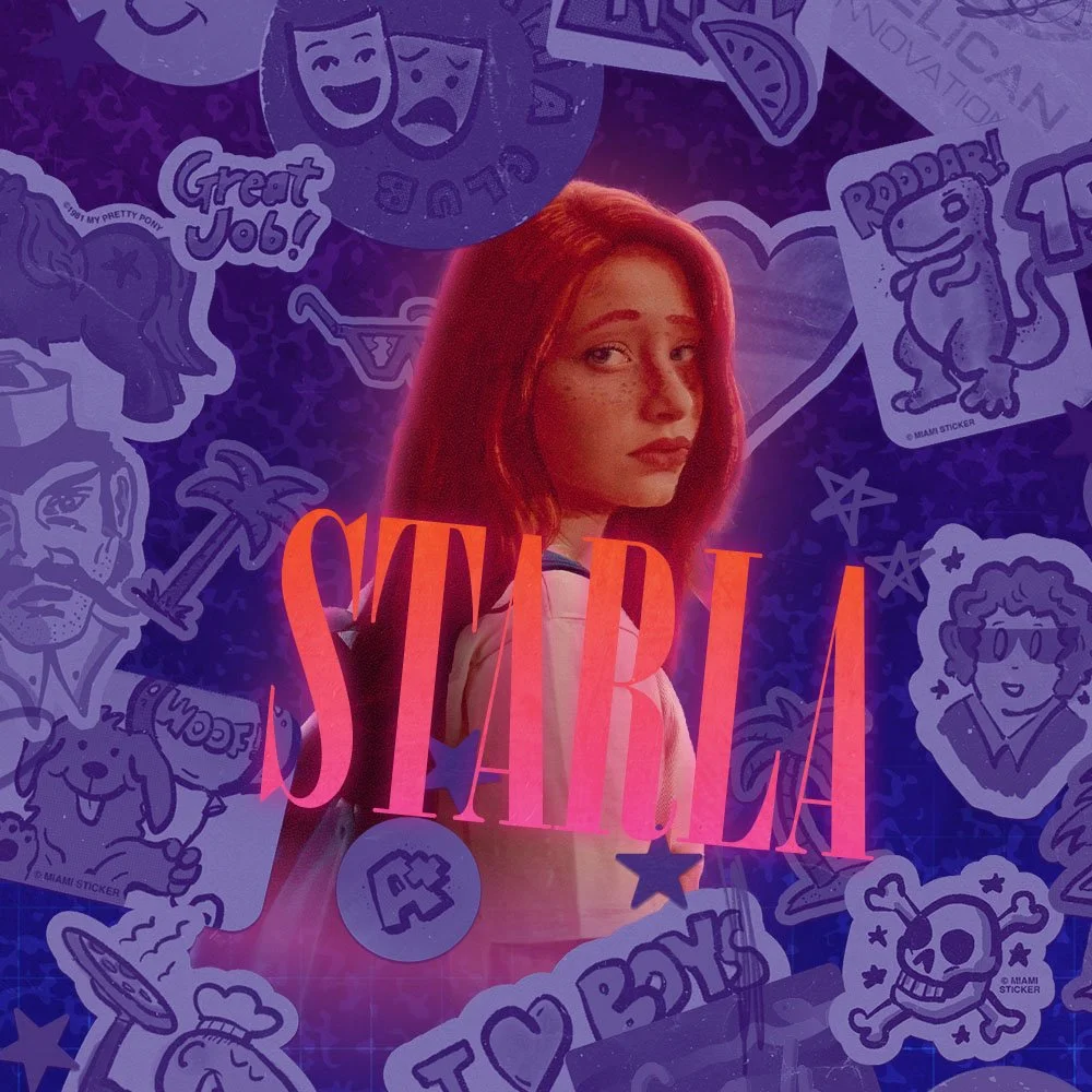 Artist's rendering of the character of Starla, with her name "STARLA" written in a 1990s-style font