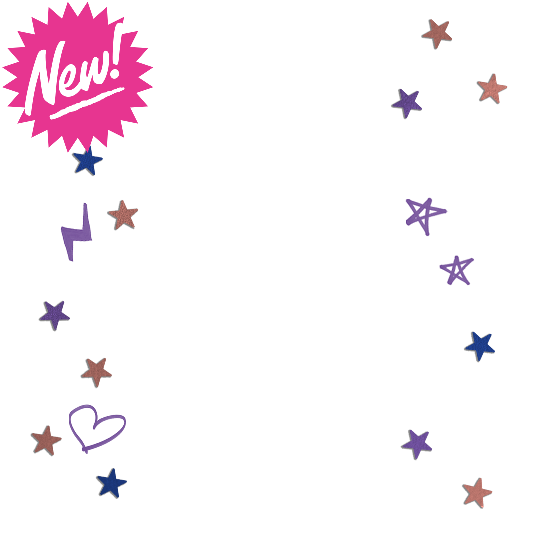 Star stickers and marker scribbles, along with a pink badge with white letters: "New!"