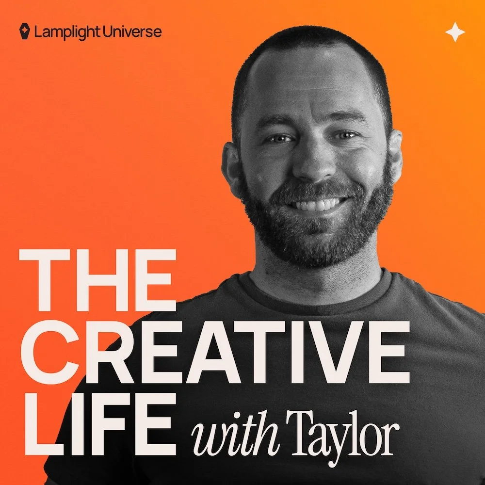 Podcast cover artwork for The Creative Life with Taylor, featuring a black and white photo of Taylor Thomas Smythe on an orange gradient background