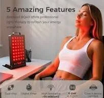 A woman sitting at a desk with a red LED light therapy device, promoting its features for skin or health treatments.