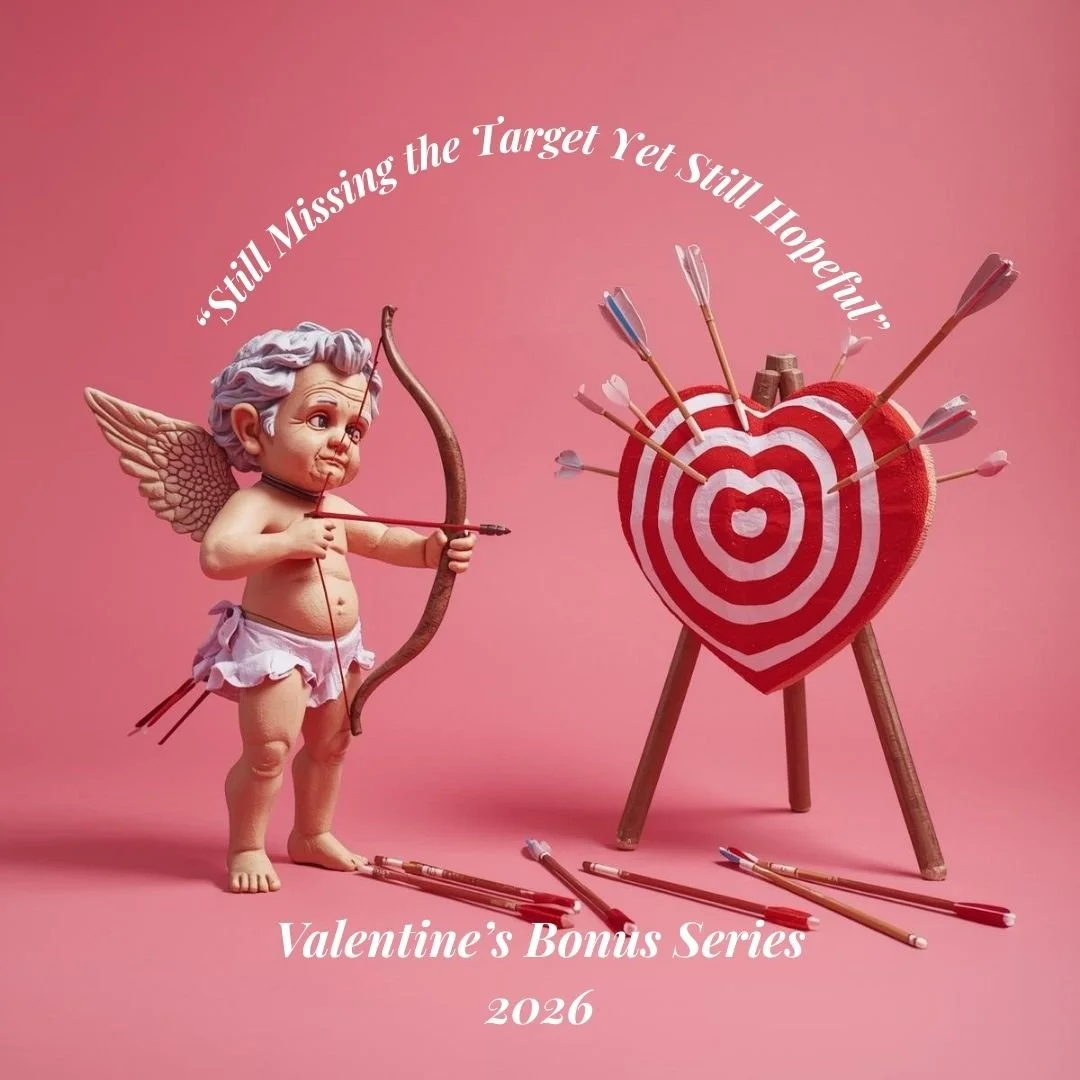 A cherub statue with wings aiming a bow and arrow at a heart-shaped target with arrows. The background is pink, and there are scattered arrows on the ground. Text reads: 'Still Missing the Target Yet Still Hopeful:' and 'Valentine's Bonus Series 2026.'