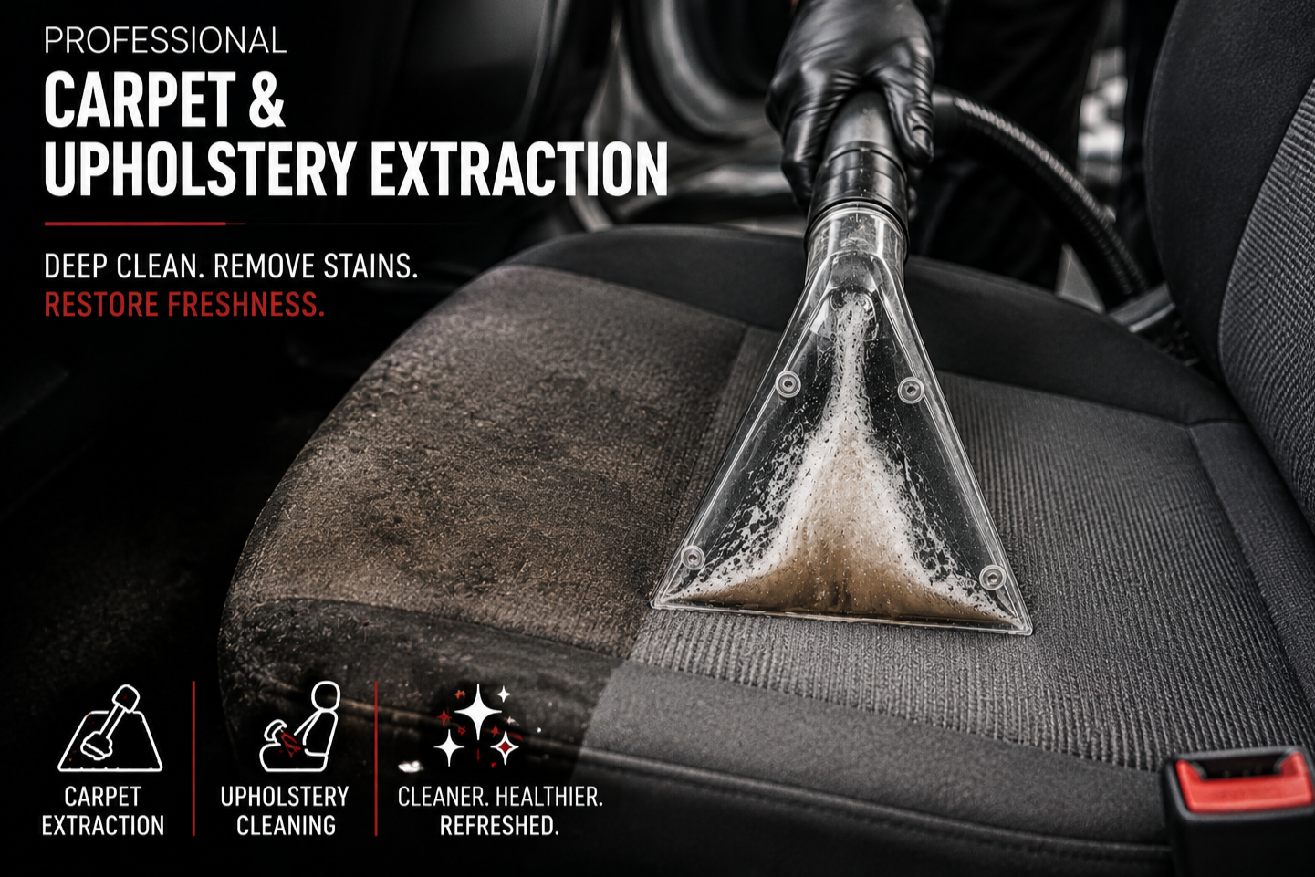 A vacuum cleaner with a triangular nozzle is used to extract dirt and stains from a car seat's fabric upholstery, promoting deep cleaning and restoration of the seat's appearance.