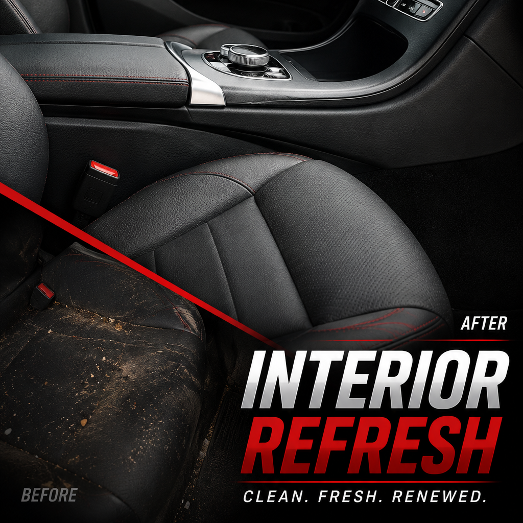 Comparison of car interior seats before and after cleaning, showing a dirty seat on the bottom left and a clean, refreshed seat on the upper right, with text "Interior Refresh" and slogans about cleanliness and renewal.