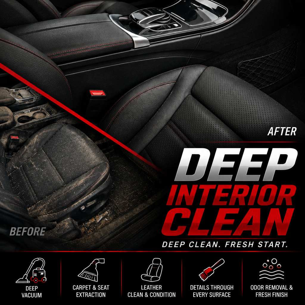 Comparison of car interior before and after deep cleaning. The 'before' side shows dirty, dusty, and muddy car seats and floor. The 'after' side shows a clean, polished black car interior with deep cleaned seats, center console, and organized look.
