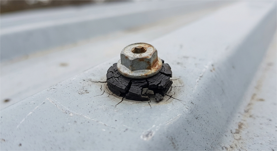 perished rubber washer on a roof screw needing professional maintenance by Lux Roofing Auckland to prevent leaks.