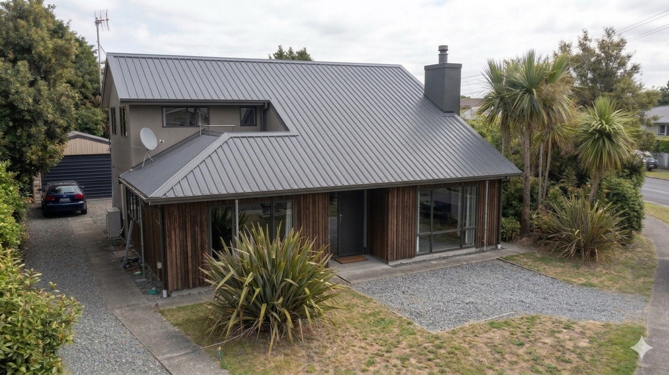 Premium Charcoal Colorsteel roof replacement completed on a residential home in Auckland's North Shore by Lux Roofing.