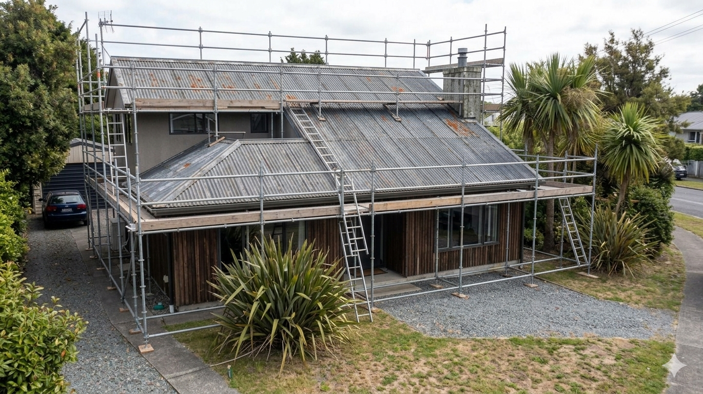 Professional site preparation and safety scaffolding installed for a premium re-roofing project in Auckland.