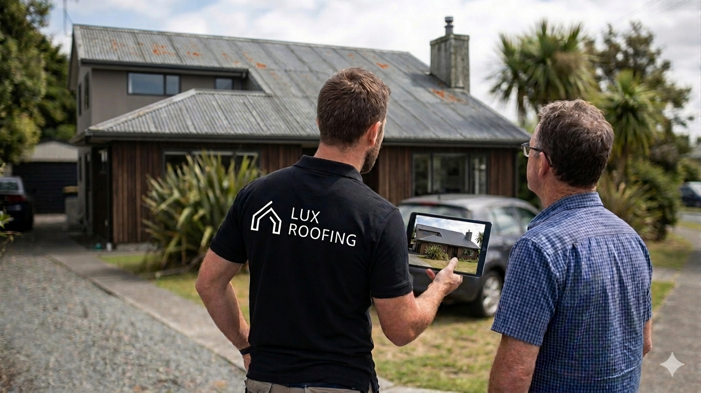 Professional roofing contractors from Lux Roofing discussing a new Colorsteel roof replacement with a client in Auckland.