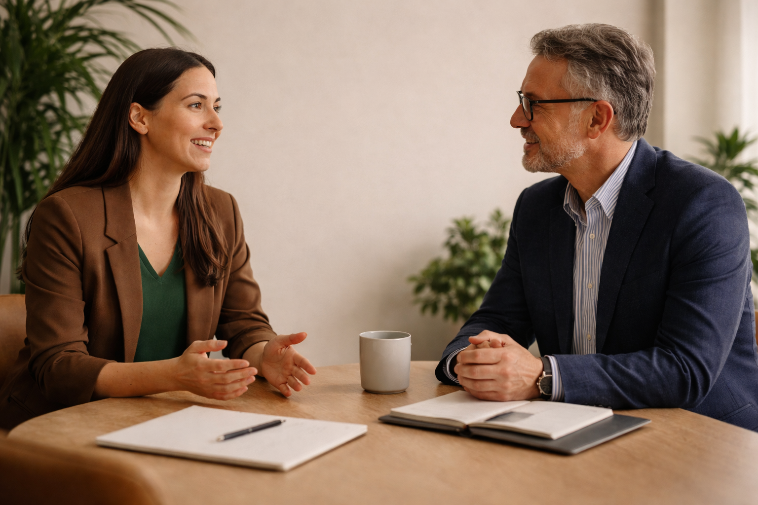 Conversación estratégica entre consultora y directivo para analizar decisiones y alinear el rumbo del negocio. La imagen refleja el acompañamiento profesional que permite estructurar el crecimiento desde el diálogo y la confianza.