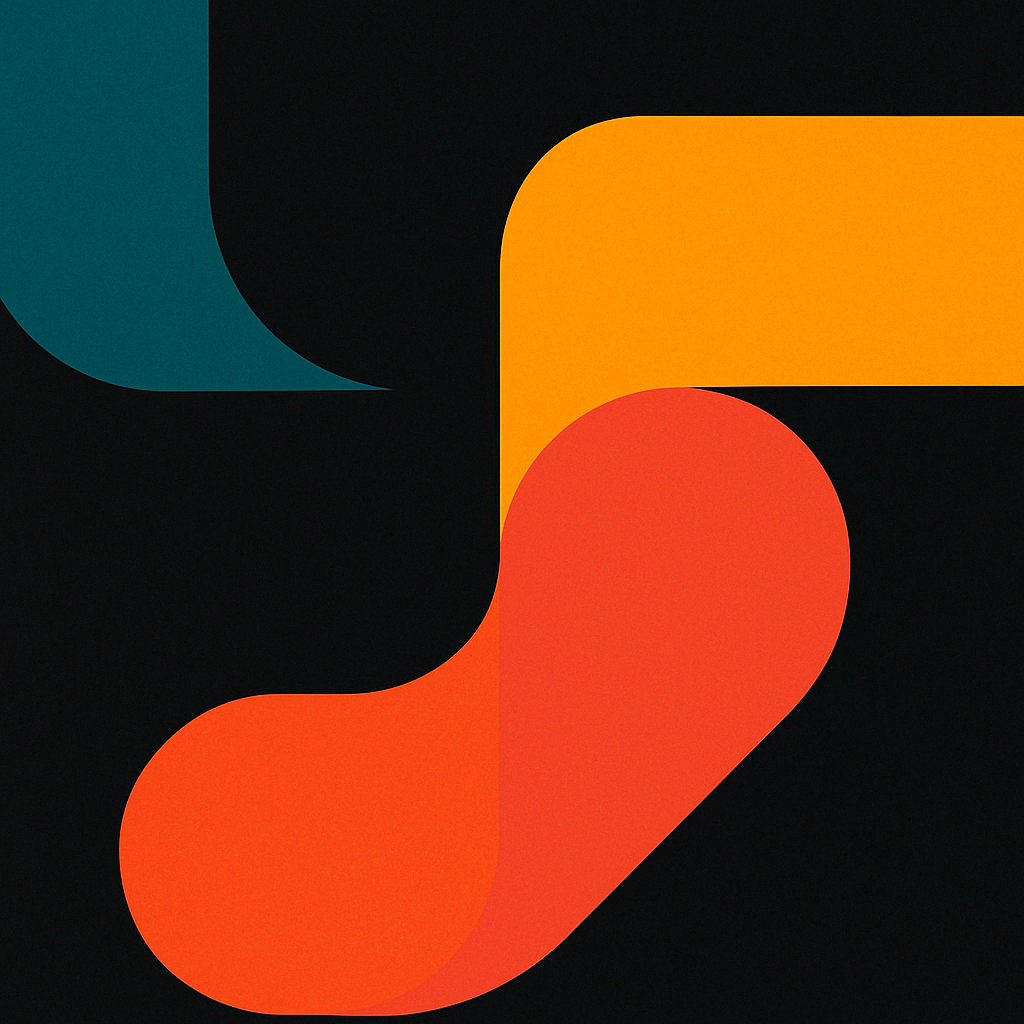 Diseño abstracto con formas curvas y colores naranja, azul, amarillo y negro.