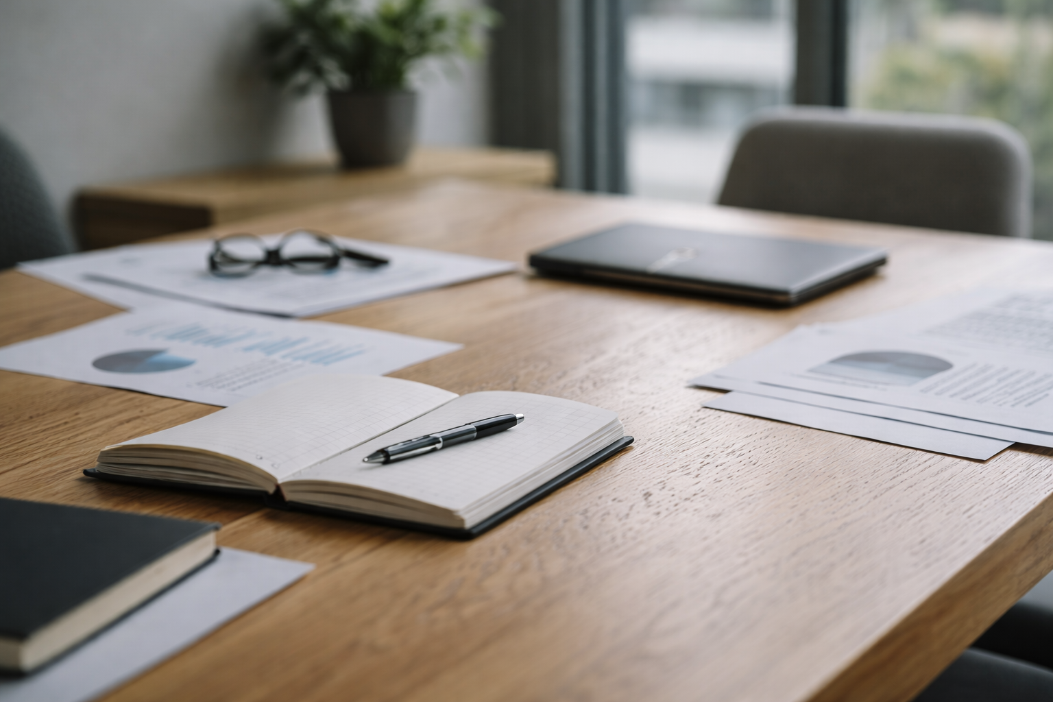 Espacio de trabajo preparado para el análisis y la estructuración estratégica de una empresa. La imagen comunica orden, reflexión y documentación como base para tomar decisiones y sostener el crecimiento empresarial.