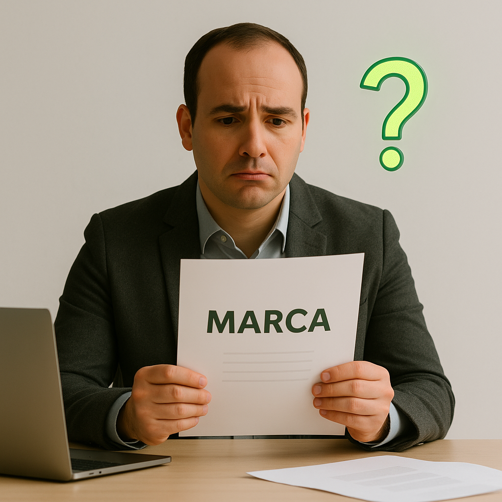 Hombre con expresión de confusión sosteniendo una hoja con la palabra "MARCA" durante una reunión, con un signo de interrogación verde al lado.