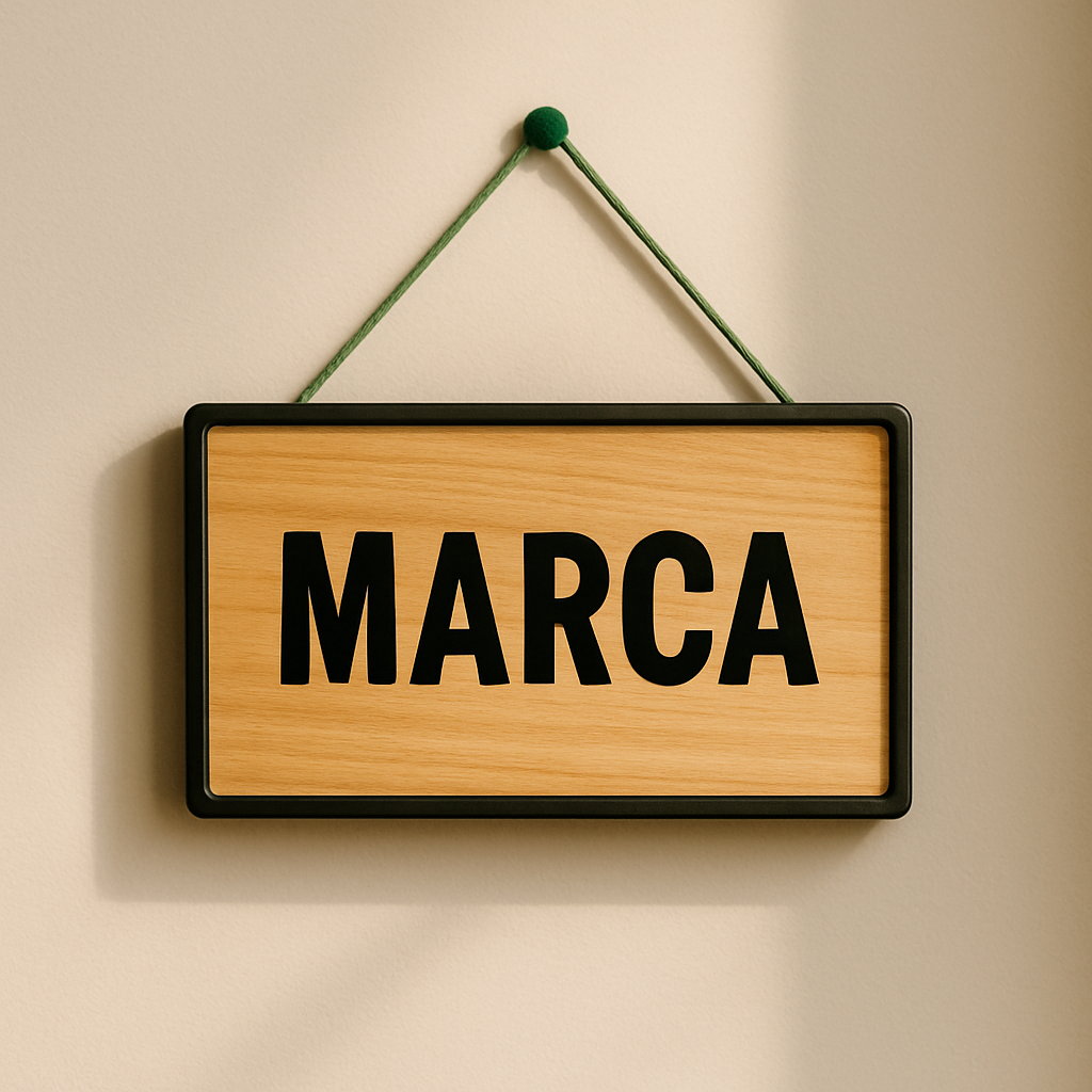 Cartel de madera con borde negro y la palabra 'MARCA' en letras negras, colgado en la pared con cuerda verde