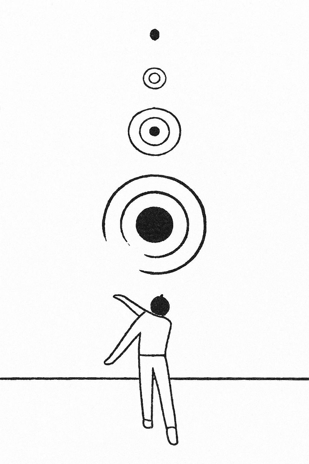 Dibujo en blanco y negro de un hombre lanzando objetos circulares hacia arriba, con círculos concéntricos debajo y encima de él.