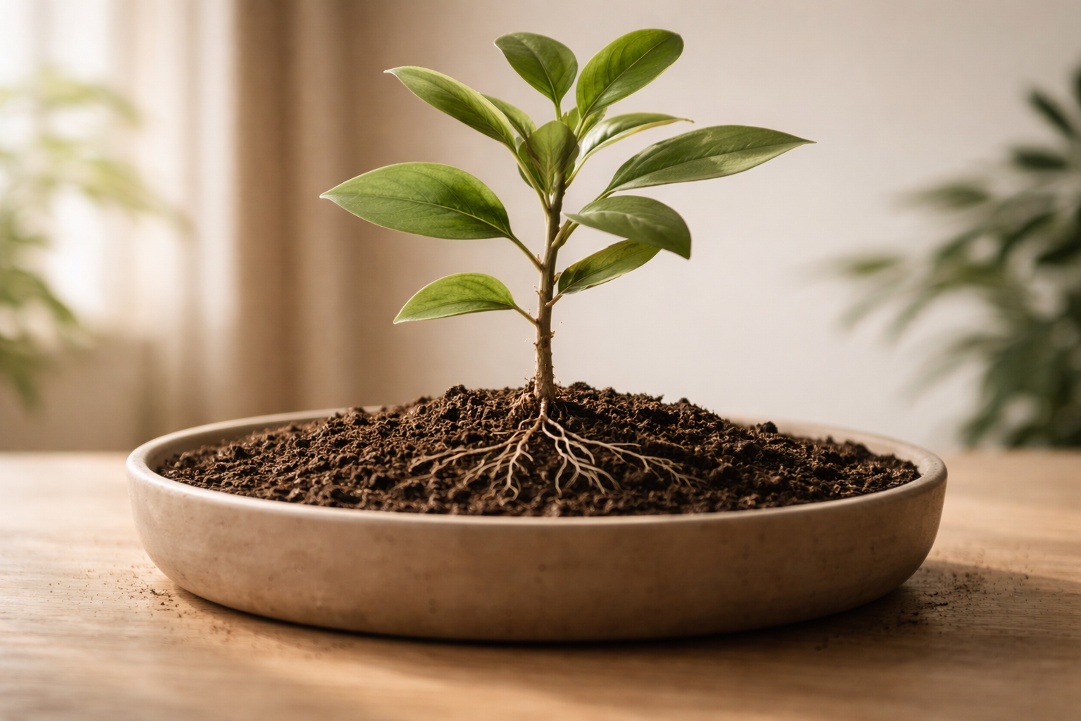 Planta en crecimiento con raíces visibles que simboliza la estructura interna que sostiene el desarrollo de una empresa. Imagen utilizada para comunicar procesos de crecimiento consciente, ordenado y sostenible desde los activos intangibles.