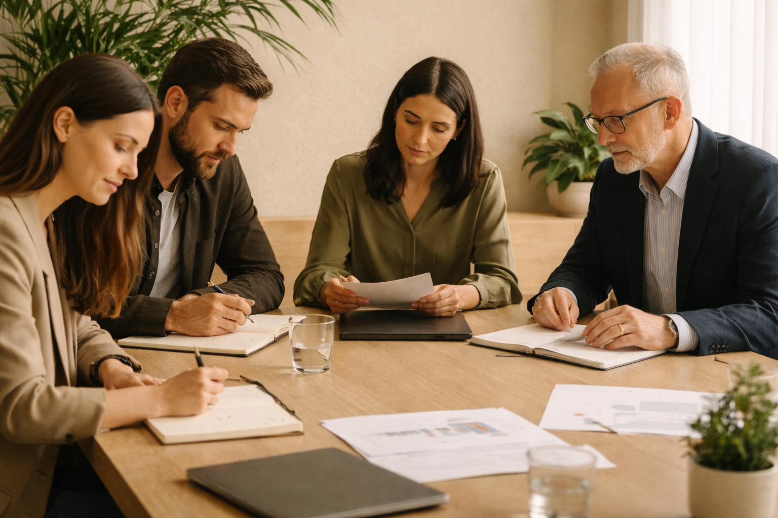 Reunión de trabajo donde se revisan documentos y se alinean decisiones estratégicas entre distintos actores del negocio. La escena refleja el acompañamiento consultivo para ordenar procesos y sostener el crecimiento empresarial de forma estructurada.